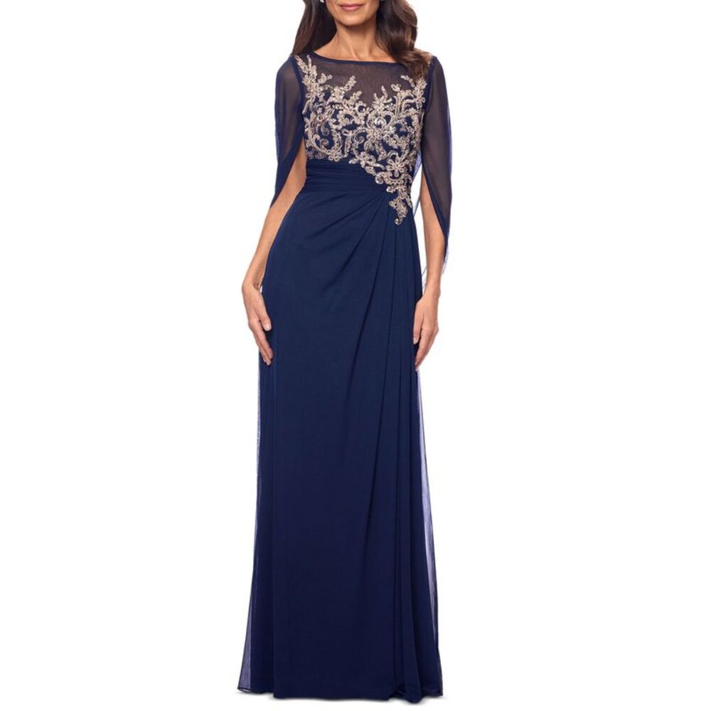 Betsy & Adam Womens Scoop-Neck Cape-Sleeve Embellished Gown 4 Navy/Rose NWT $299